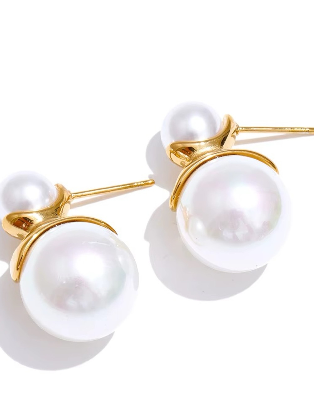 Gold Pearl Double-Stud Earrings - White Pearlescent